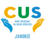 logo Centrum Usług Społecznych w Jaworzu - dwie dłonie w otwartym geście jedna z nich koloru niebieskiego druga pomarańczowego pomiedzy nimi napis CUS Nowe spojerzenie na usługi społeczne a pod spodem napis JAWORZE